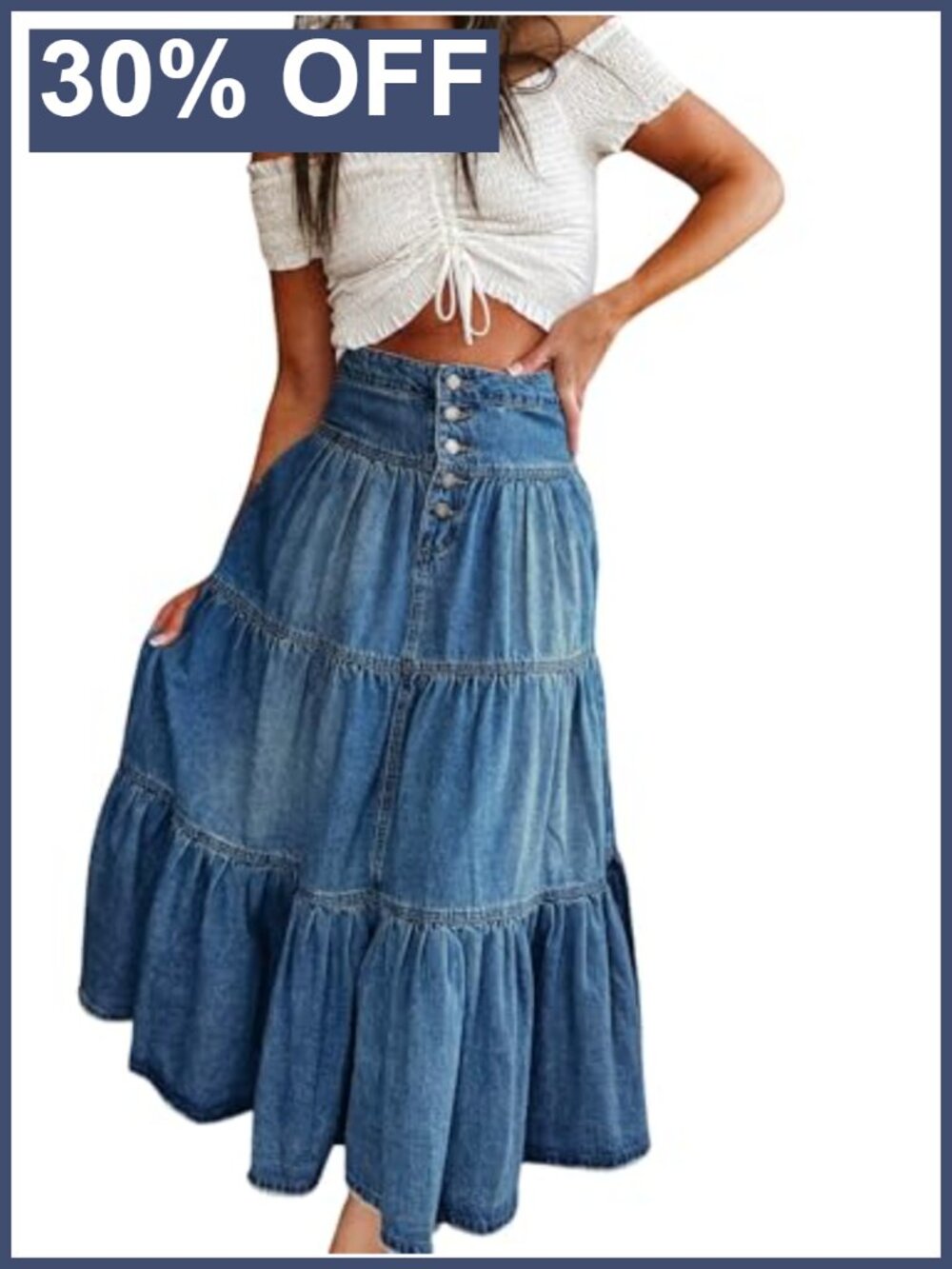 High Waist Long Denim Maxi Skirt Button Fly Tiered Ruffle A-Line Cotton with